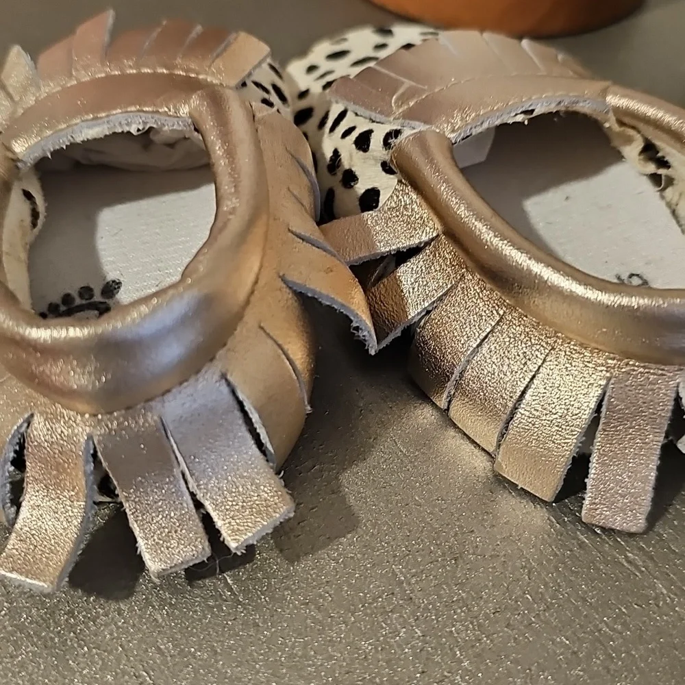 Fur Animal Print Mocassain Rose Gold Fringe 6-12m Size